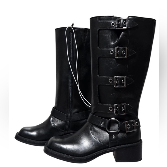 Wild Fable Women's Faux Leather Mid Calf Riding Boots Block Heel. Black - Picture 3 of 4